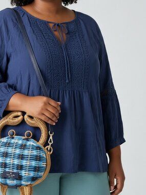 Mark Navy Blue Peasant Tunic Top Crochet Lace Bell Sleeve Bohemian L(12-14)